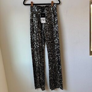 NWT Zara Flare Fit Sequin Pants, Size XS, Gray